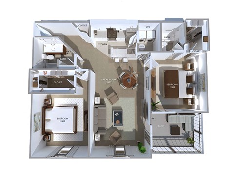 Floor plan for 2 beds, 2 baths, 1086 sqft